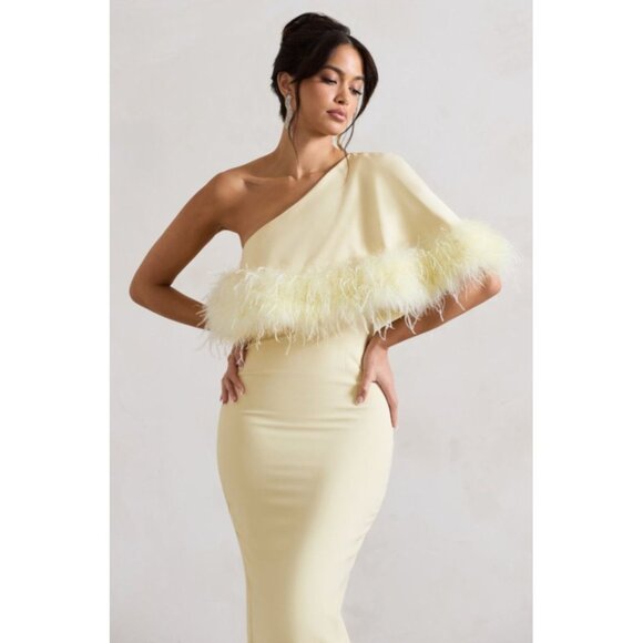 Club L London Victory | Lemon Asymmetric Midi Dress With Feather Trim Size US 8 - Picture 2 of 10